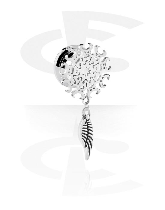 Tunnels & Plugs, Screw-on tunnel (surgical steel, silver, shiny finish) with feather charm, Surgical Steel 316L
