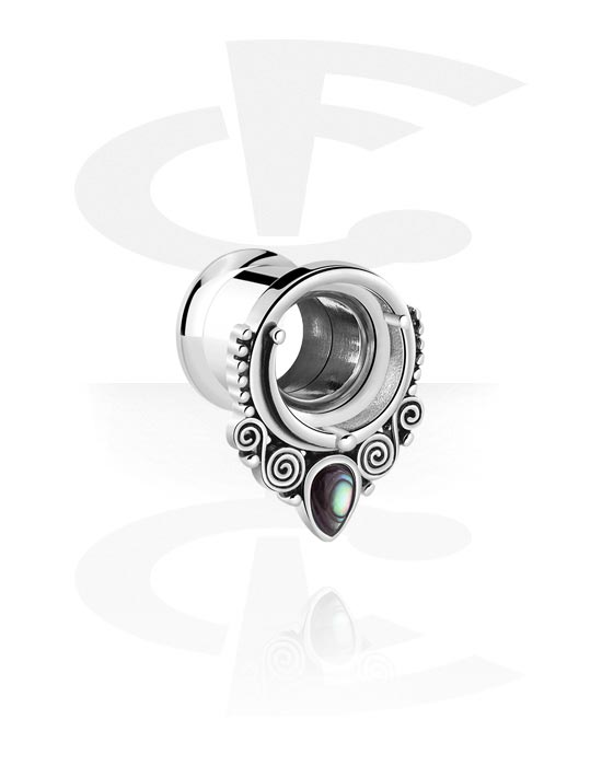 Tunnels & Plugs, Single flared tunnel (chirurgisch staal, zilver, glanzende afwerking) met ornament, Chirurgisch staal 316L