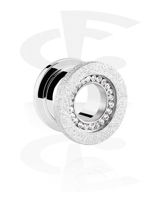 Tunnels & Plugs, Screw-on tunnel (surgical steel, silver, shiny finish) with diamond look and crystal stones, Surgical Steel 316L