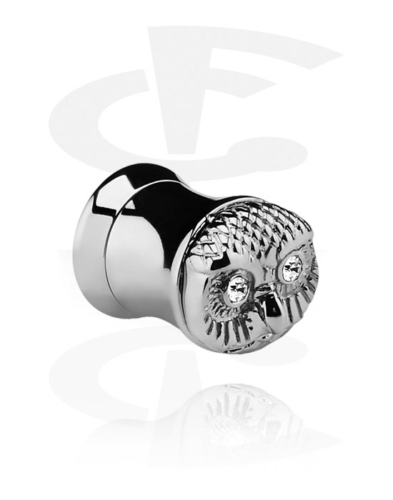 Tunnels & Plugs, Double flared plug (surgical steel, silver, shiny finish) with owl atttachment and crystal stones, Surgical Steel 316L