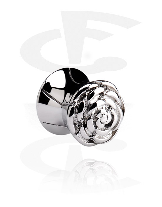 Tunnels & Plugs, Double flared plug (surgical steel, silver, shiny finish) with rose design, Surgical Steel 316L
