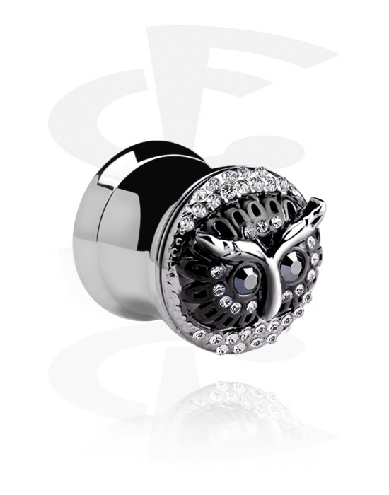 Tunnels & Plugs, Double flared tunnel (surgical steel, silver, shiny finish) with owl atttachment and crystal stones, Surgical Steel 316L