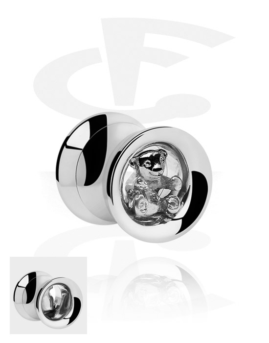 Túneis & Plugs, Double flared plug (aço cirúrgico, prata, acabamento brilhante) com design urso de peluche querido, Aço cirúrgico 316L