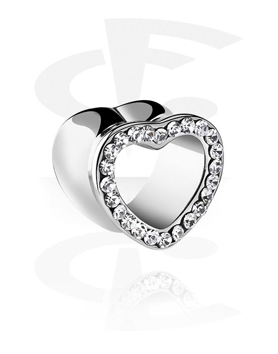 Tunnels & Plugs, Heart-shaped double flared tunnel (surgical steel, silver, shiny finish) with crystal stones, Surgical Steel 316L