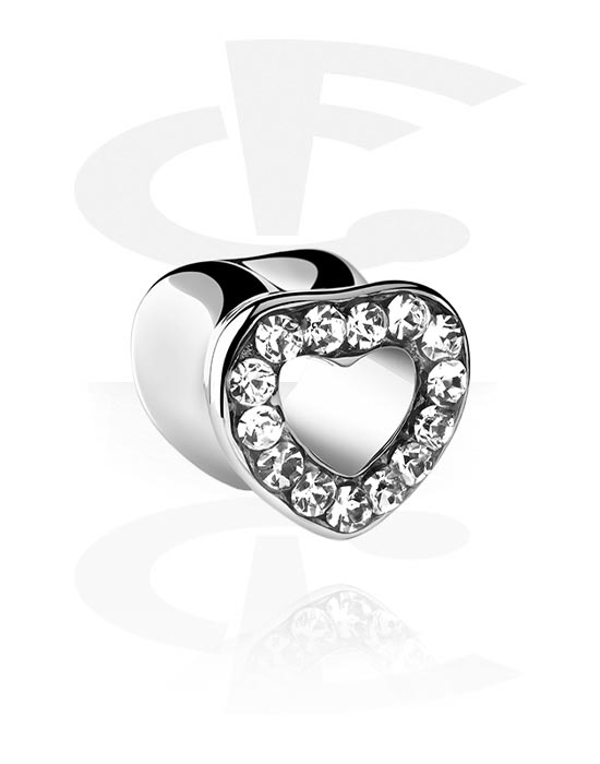 Tunnels & Plugs, Heart-shaped double flared tunnel (surgical steel, silver, shiny finish) with crystal stones, Surgical Steel 316L