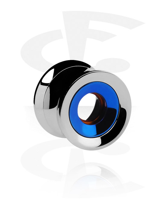 Tunnels & Plugs, Double flared tunnel (surgical steel, silver, shiny finish) with blue interior ring, Surgical Steel 316L