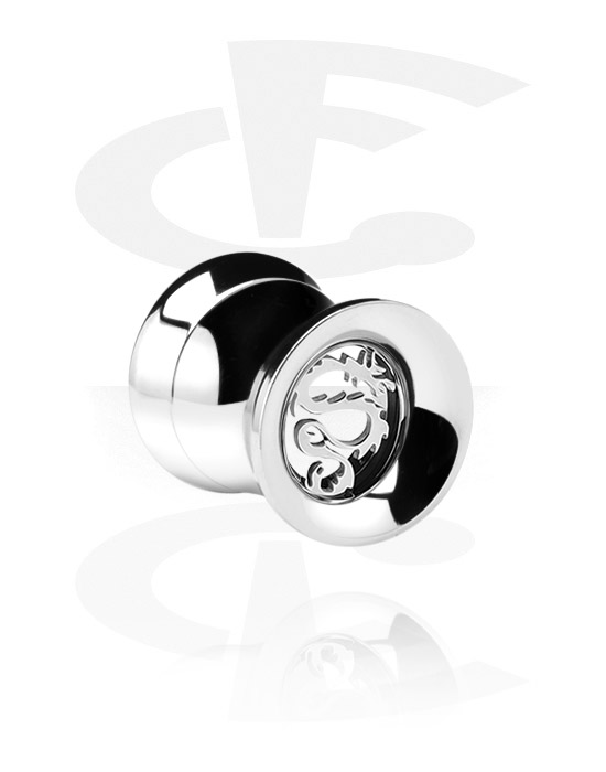Tunnels & Plugs, Double flared tunnel (surgical steel, silver, shiny finish) with dragon design, Surgical Steel 316L