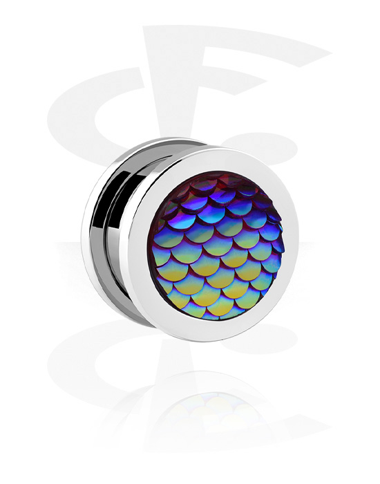 Tunnels & Plugs, Screw-on tunnel (surgical steel, silver, shiny finish) with fish scales design, Surgical Steel 316L