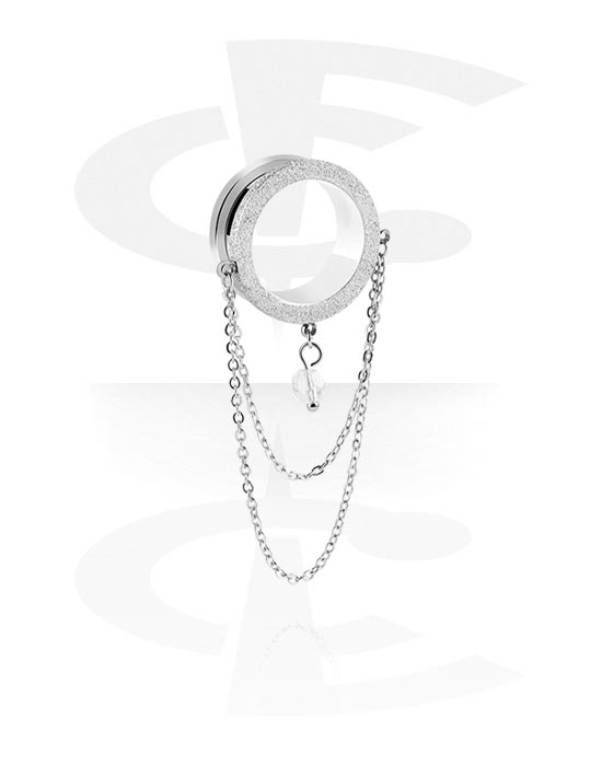 Tunnels & Plugs, Screw-on tunnel (surgical steel, silver, shiny finish) with diamond look and chain, Surgical Steel 316L