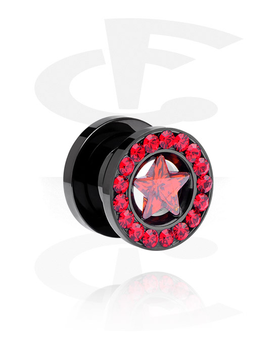 Tunnels & Plugs, Screw-on tunnel (surgical steel, black, shiny finish) with star design and crystal stones, Surgical Steel 316L