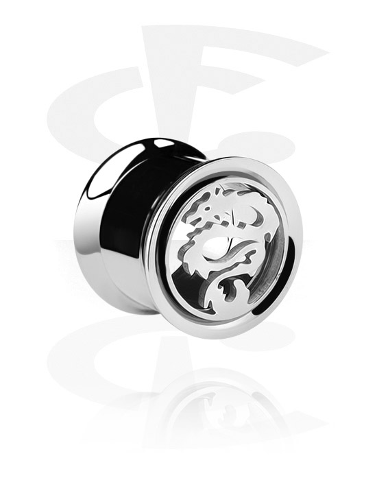 Tunnels & Plugs, Tunnel double flared (acier chirurgical, argent) avec motif dragon, Acier chirurgical 316L