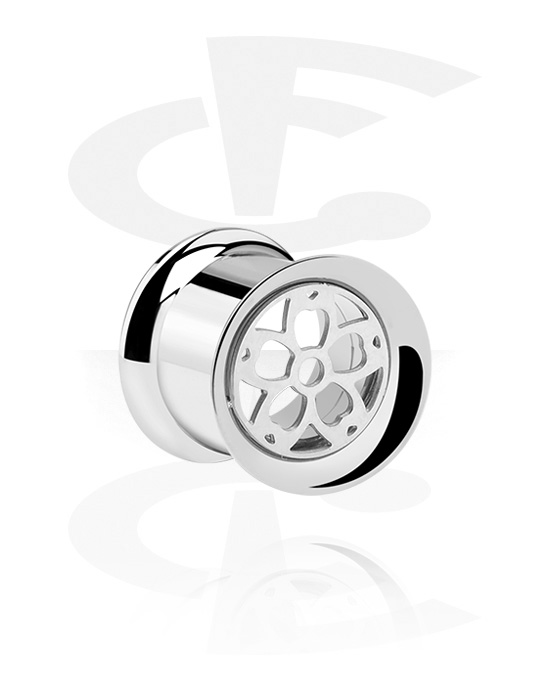Tunnels & Plugs, Double flared tunnel (surgical steel, silver, shiny finish) with flower design, Surgical Steel 316L