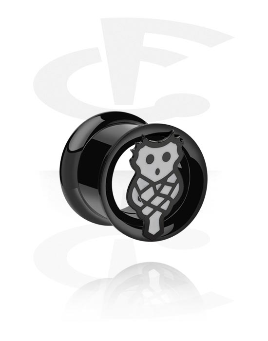 Tunnels & Plugs, Double flared tunnel (surgical steel, black, shiny finish) with owl design, Surgical Steel 316L