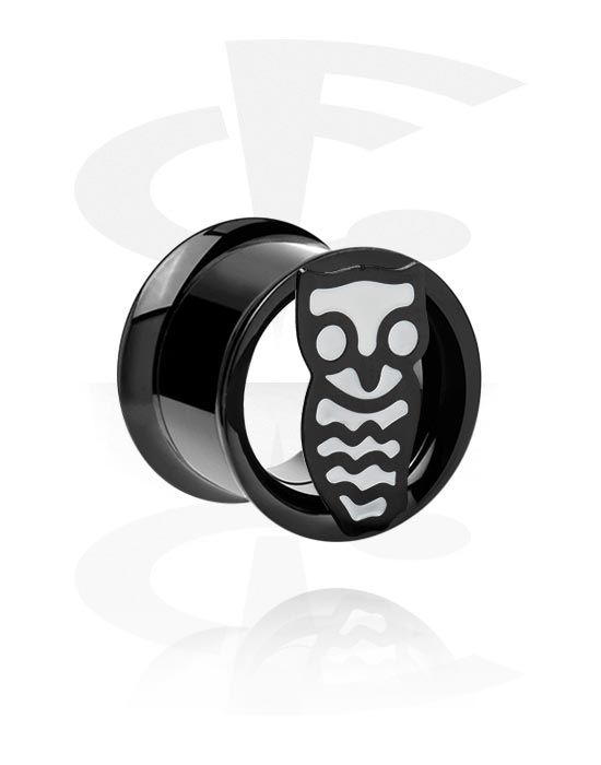 Tunnels & Plugs, Double flared tunnel (surgical steel, black, shiny finish) with owl atttachment, Surgical Steel 316L