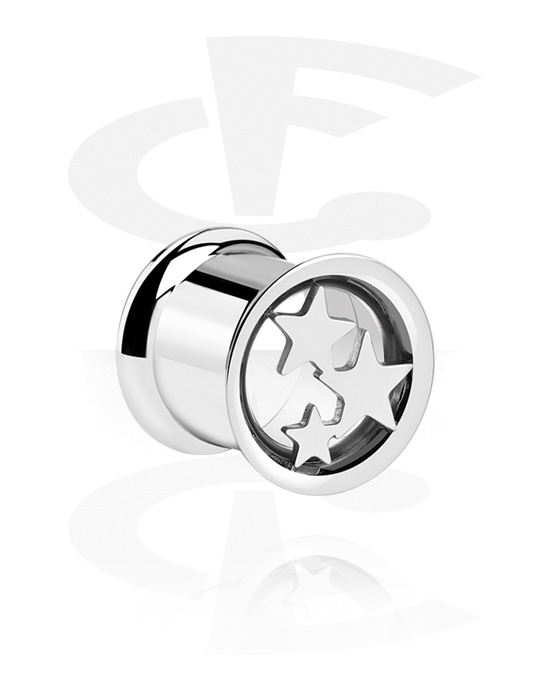 Tunnels & Plugs, Double flared tunnel (surgical steel, silver, shiny finish) with star design, Surgical Steel 316L