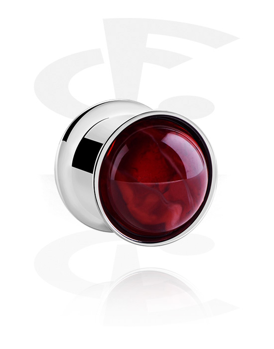 Tunnels & Plugs, Double flared tunnel (surgical steel, silver, shiny finish) with black and red inlay, Surgical Steel 316L