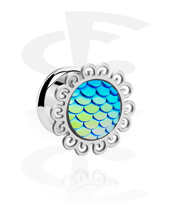 Tunnels & Plugs, Double flared tunnel (surgical steel, silver, shiny finish) with fish scales design, Surgical Steel 316L