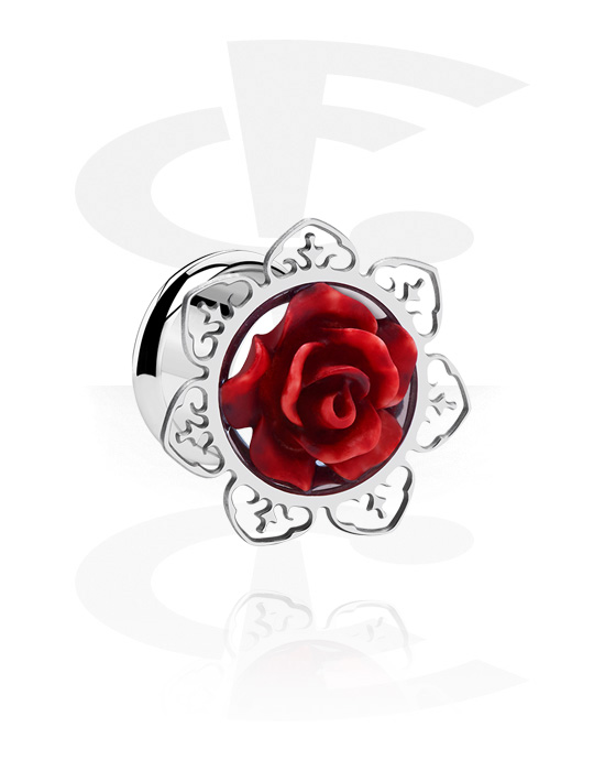 Tunnels & Plugs, Double flared tunnel (surgical steel, silver, shiny finish) with rose design, Surgical Steel 316L