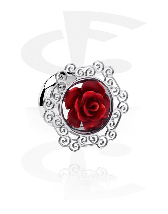 Tunnels & Plugs, Double flared tunnel (surgical steel, silver, shiny finish) with rose attachment, Surgical Steel 316L