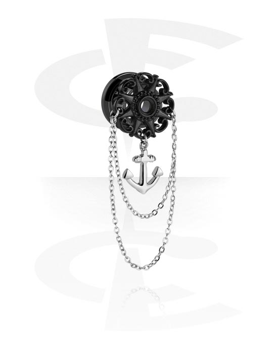 Tunnels & Plugs, Screw-on tunnel (surgical steel, black, shiny finish) with anchor charm and chain, Surgical Steel 316L
