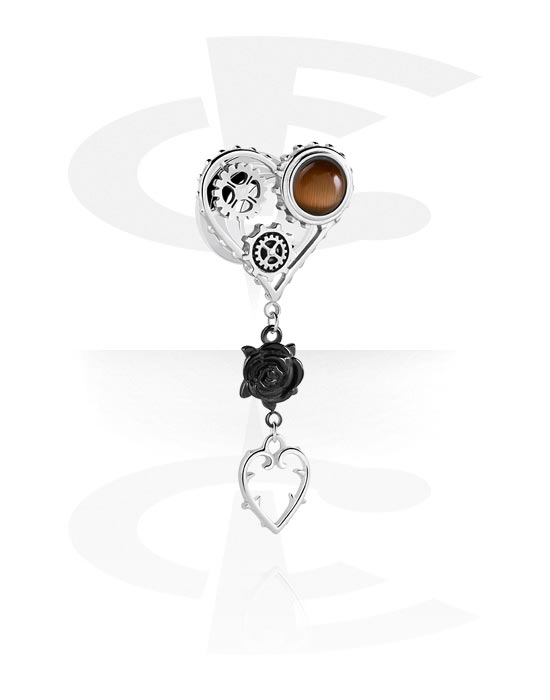 Tunnels & Plugs, Screw-on tunnel (surgical steel, silver, shiny finish) with heart design and rose attachment, Surgical Steel 316L