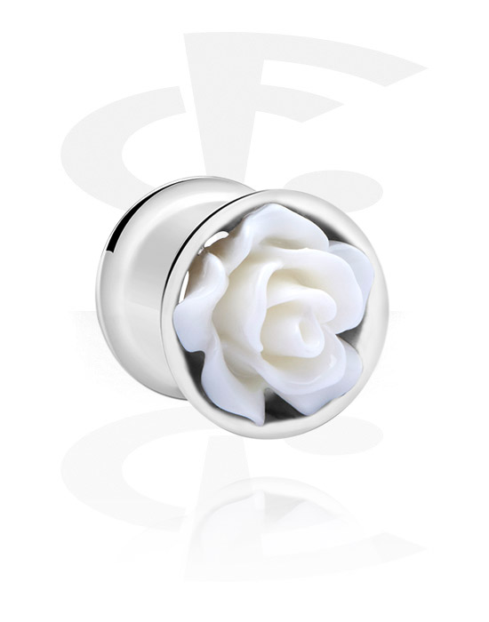 Tunnels & Plugs, Double flared tunnel (surgical steel, silver, shiny finish) with rose design, Surgical Steel 316L