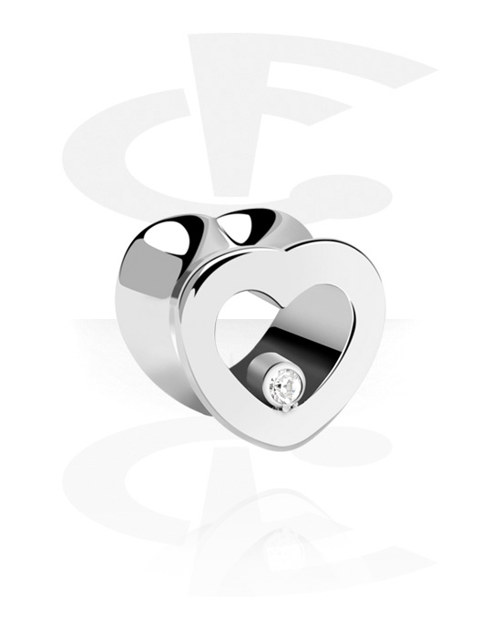 Tunnels & Plugs, Heart-shaped double flared tunnel (surgical steel, silver, shiny finish) with crystal stone, Surgical Steel 316L