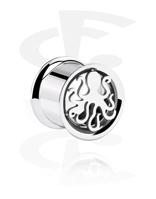 Tunnels & Plugs, Double flared tunnel (surgical steel, silver, shiny finish) with octopus design, Surgical Steel 316L