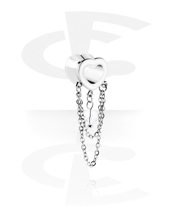 Tunnels & Plugs, Heart-shaped double flared tunnel (surgical steel, silver, shiny finish) with chain, Surgical Steel 316L