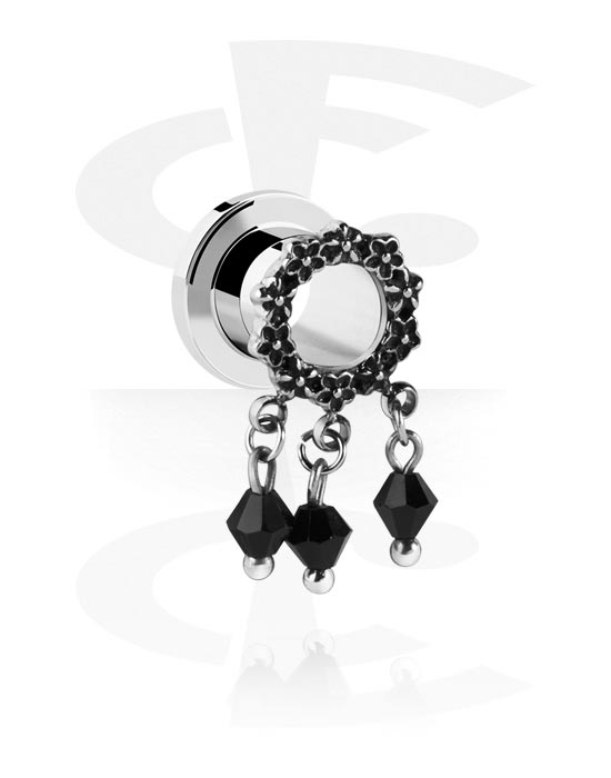 Tunnels & Plugs, Screw-on tunnel (surgical steel, silver, shiny finish) with flower design and charms, Surgical Steel 316L