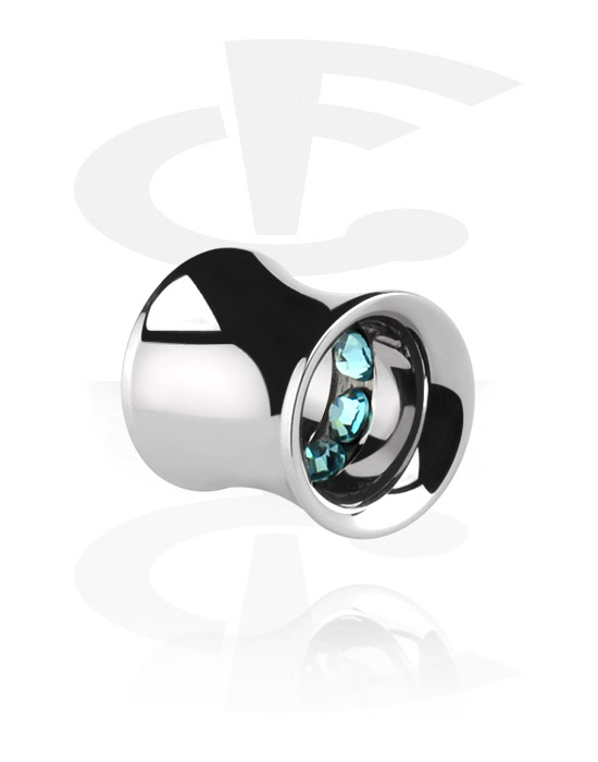 Tunnels & Plugs, Double flared tunnel (surgical steel, silver, shiny finish) with crystal stones, Surgical Steel 316L