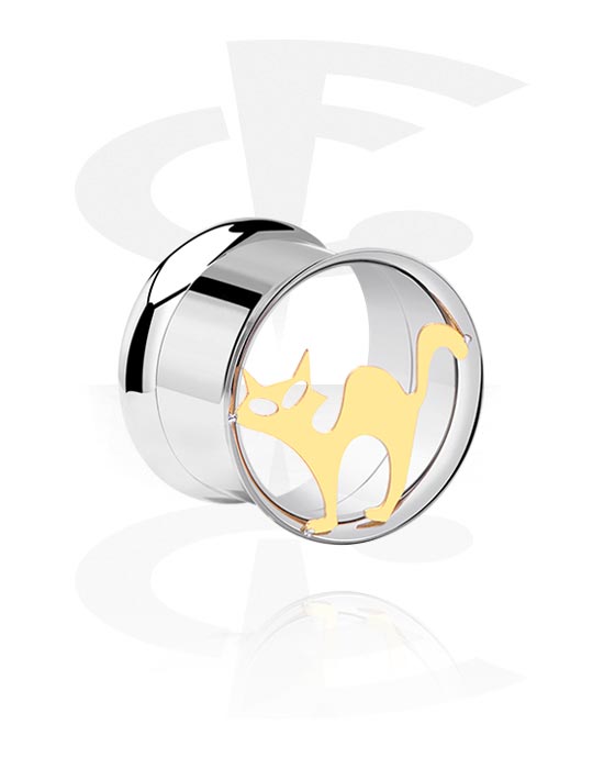 Tunnels & Plugs, Tunnel double flared (acier chirurgical, argent) avec motif chat, Acier chirurgical 316L
