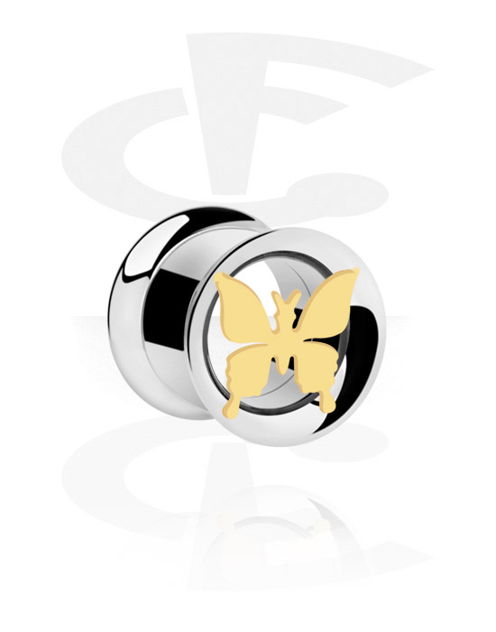 Tunnels & Plugs, Double flared tunnel (surgical steel, silver, shiny finish) with butterfly design, Surgical Steel 316L