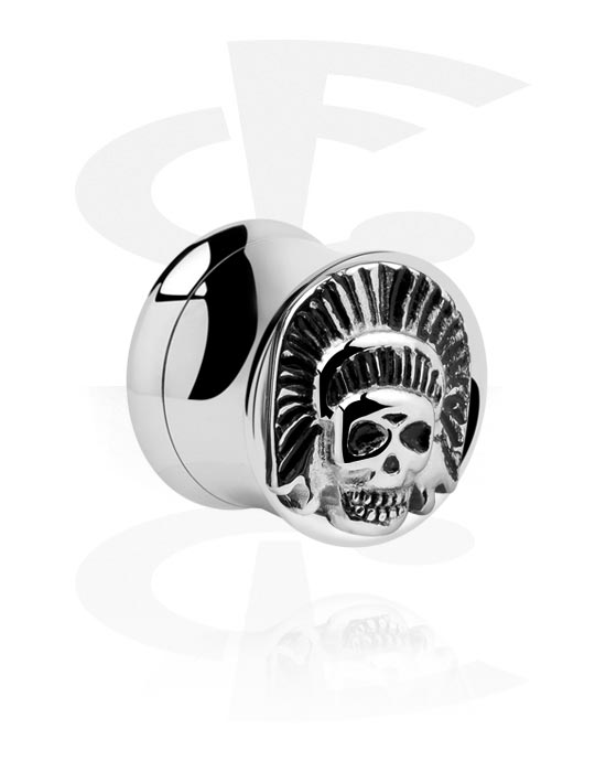 Tunnels & Plugs, Double flared tunnel (chirurgisch staal, zilver, glanzende afwerking) met schedelaccessoire, Chirurgisch staal 316L