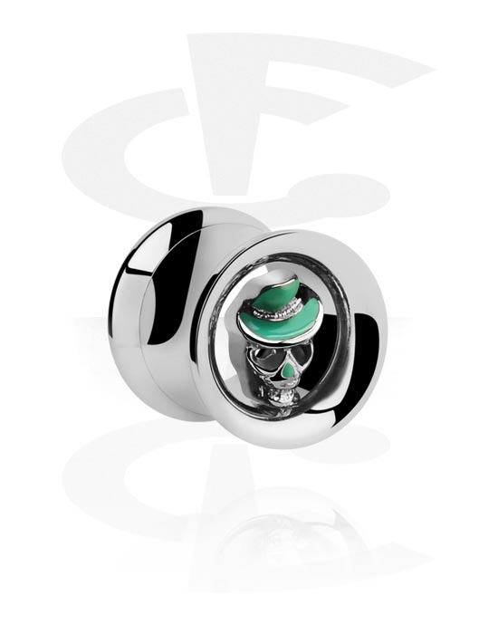 Tunnels & Plugs, Double flared tunnel (surgical steel, silver, shiny finish) with skull design, Surgical Steel 316L