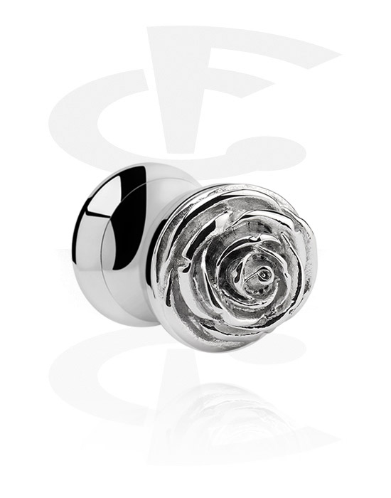 Tunnels & Plugs, Double flared tunnel (chirurgisch staal, zilver, glanzende afwerking) met roossaccessoire, Chirurgisch staal 316L