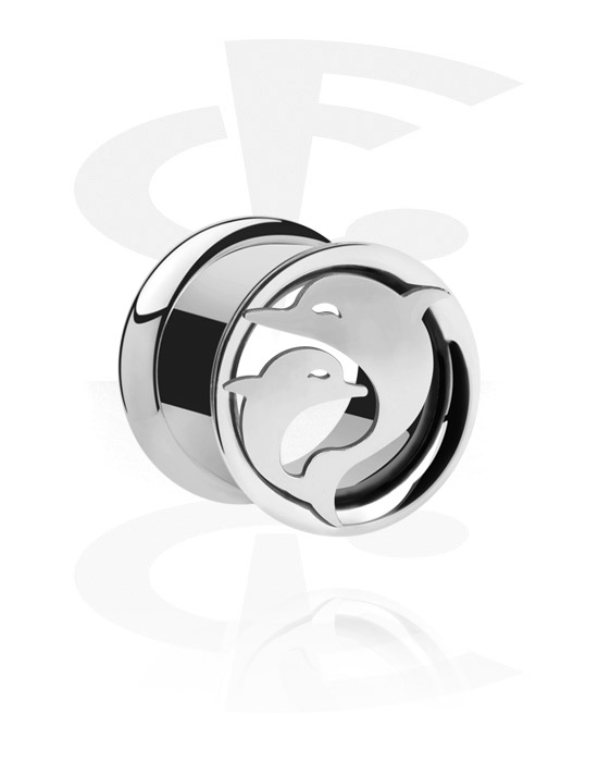 Tunnels & Plugs, Double flared tunnel (surgical steel, silver, shiny finish) with dolphin design, Surgical Steel 316L