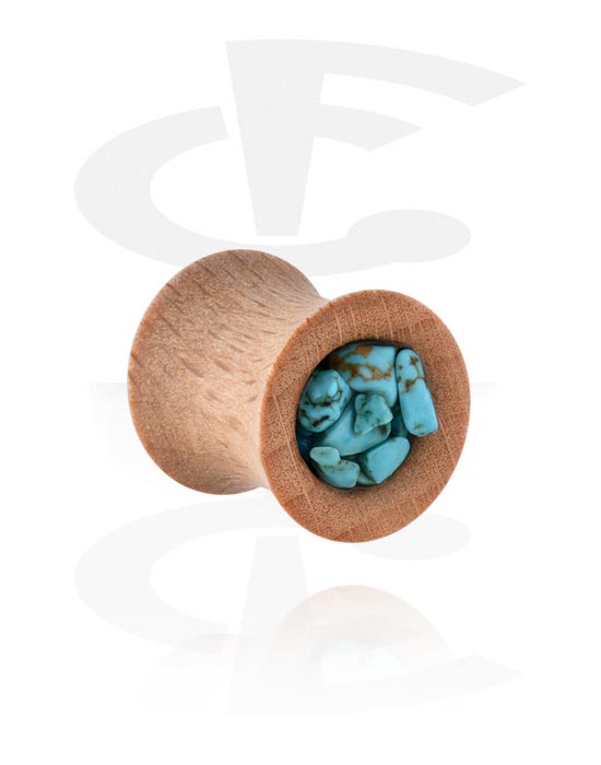 Tunnels & Plugs, Double flared plug (hout) met turquoise stenen, Hout, Turquoise stenen