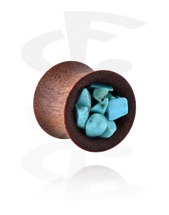 Tunnels & Plugs, Double flared plug (hout) met turquoise stenen, Hout, Turquoise stenen