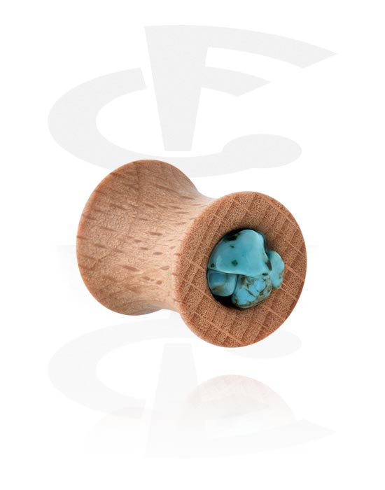 Tunnels & Plugs, Double flared plug (wood) with turquoise stones, Wood, Turquoise stones