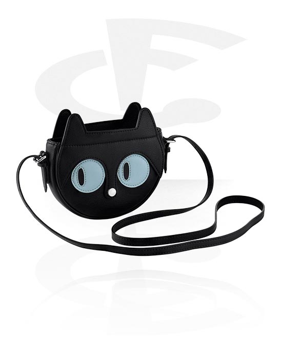 Accesorios en piel, Bolso de mano (cuero genuino, negro) con diseño de gato, Cuero auténtico