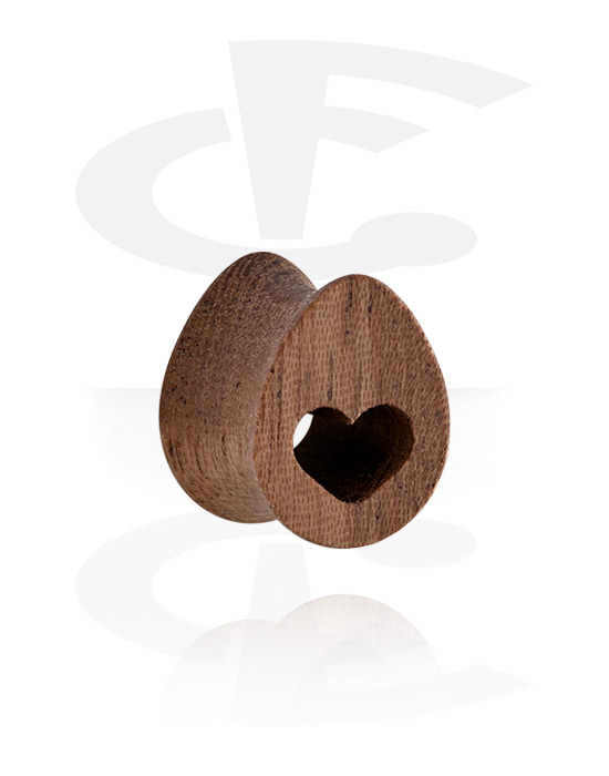 Tunnel & Plugs, Tropfenförmiger Double Flared Plug (Holz) mit Laserdesign "Herz", Holz