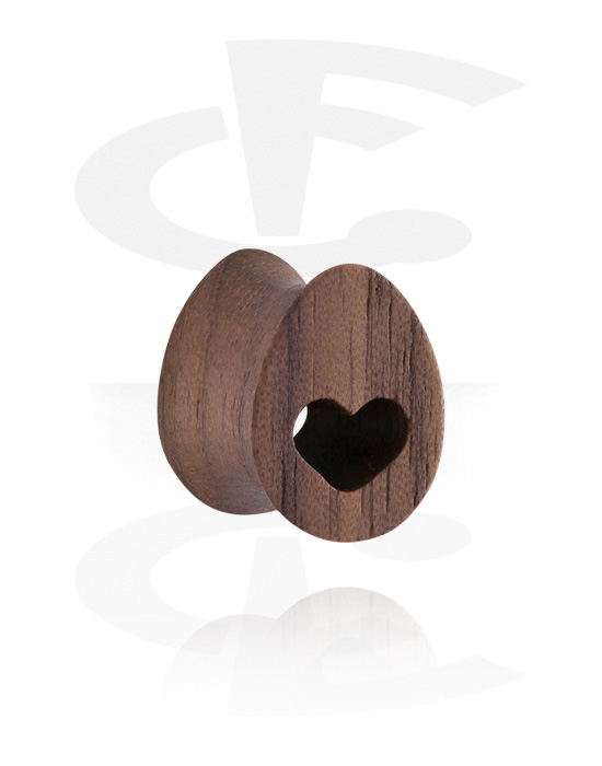 Tunely & plugy, Plug s rozšírenými koncami v tvare slzy (drevo) s laserovým gravírovaním „srdce“, Drevo