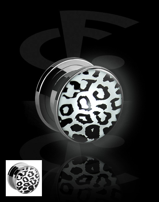 Tunnels & Plugs, Screw-on tunnel (surgical steel, silver, shiny finish) with LED attachment and leo pattern, Surgical Steel 316L
