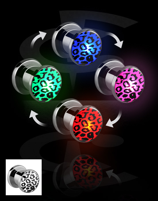 Tunnels & Plugs, Screw-on tunnel (surgical steel, silver, shiny finish) with LED attachment and leo pattern, Surgical Steel 316L