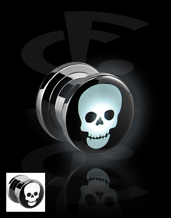 Tunnels & Plugs, Screw-on tunnel (surgical steel, silver, shiny finish) with LED attachment and skull design, Surgical Steel 316L