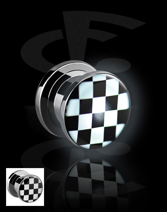 Tunnels & Plugs, Screw-on tunnel (surgical steel, silver, shiny finish) with checkered pattern, Surgical Steel 316L