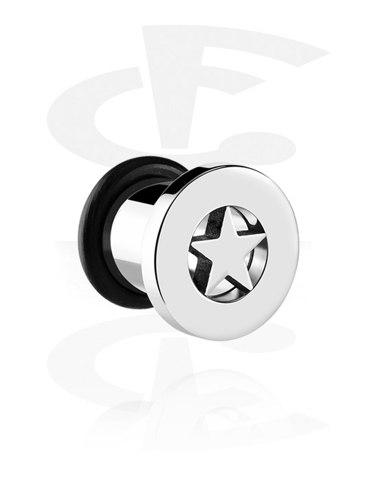 Tunnels & Plugs, Single flared tunnel (surgical steel, silver, shiny finish) with star design and O-ring, Surgical Steel 316L