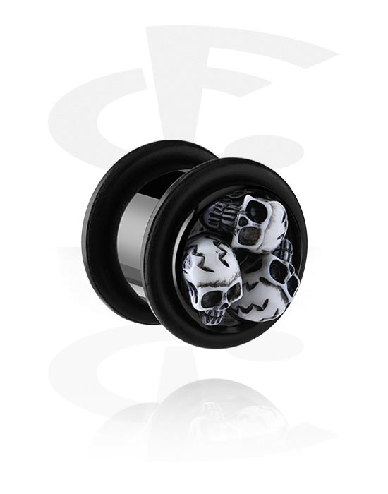 Tunnels & Plugs, Ribbed plug (acrylic, black) with skull design, Acrylic