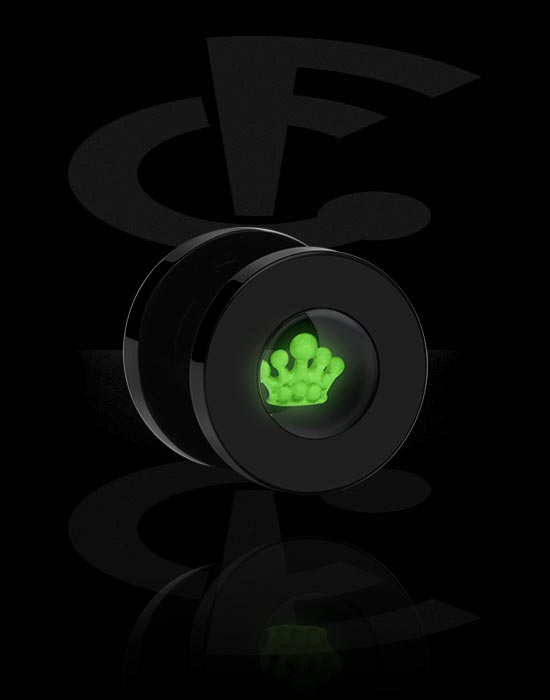 Tunnels & Plugs, "Glow in the dark" screw-on tunnel (acrylic, black) with crown design, Acrylic